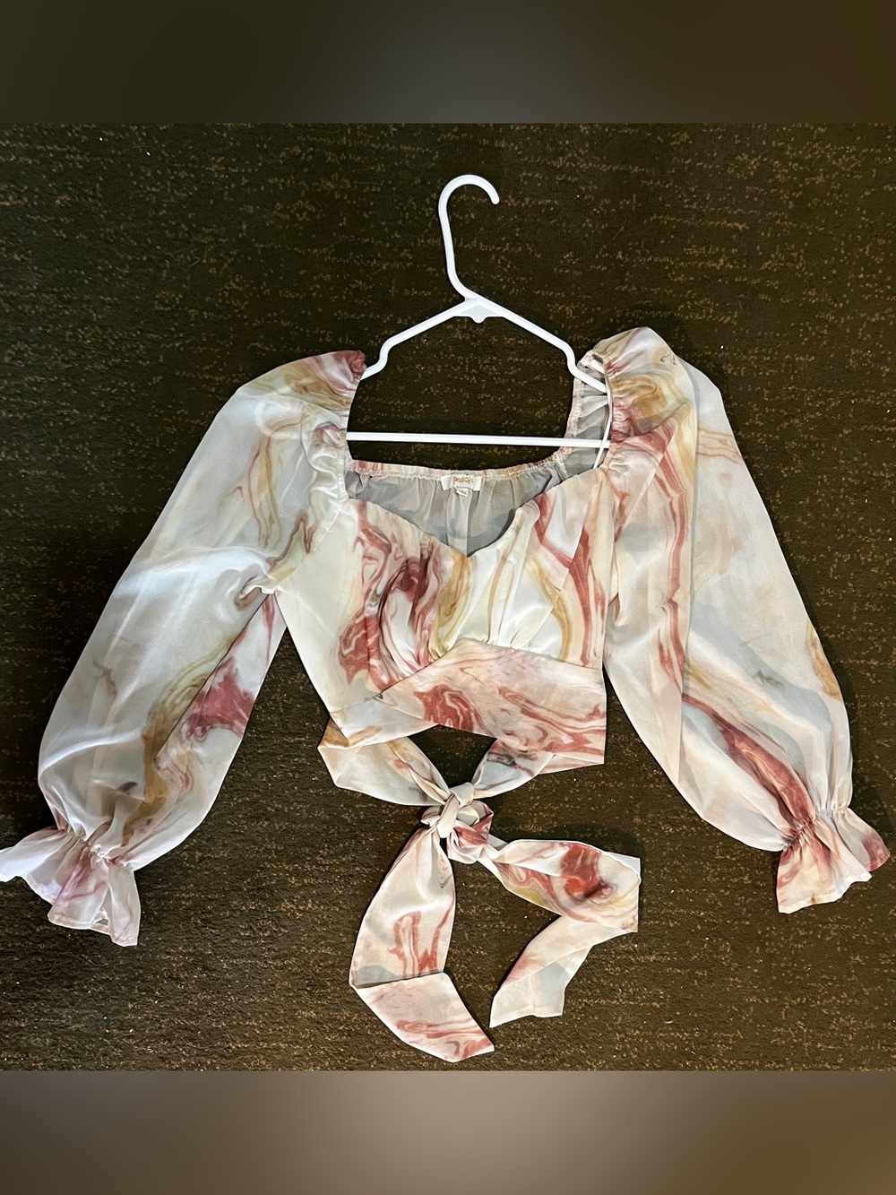 Tie-Front Puff Sleeve Crop Top  wrap around waist - PEACH COUTURE MED